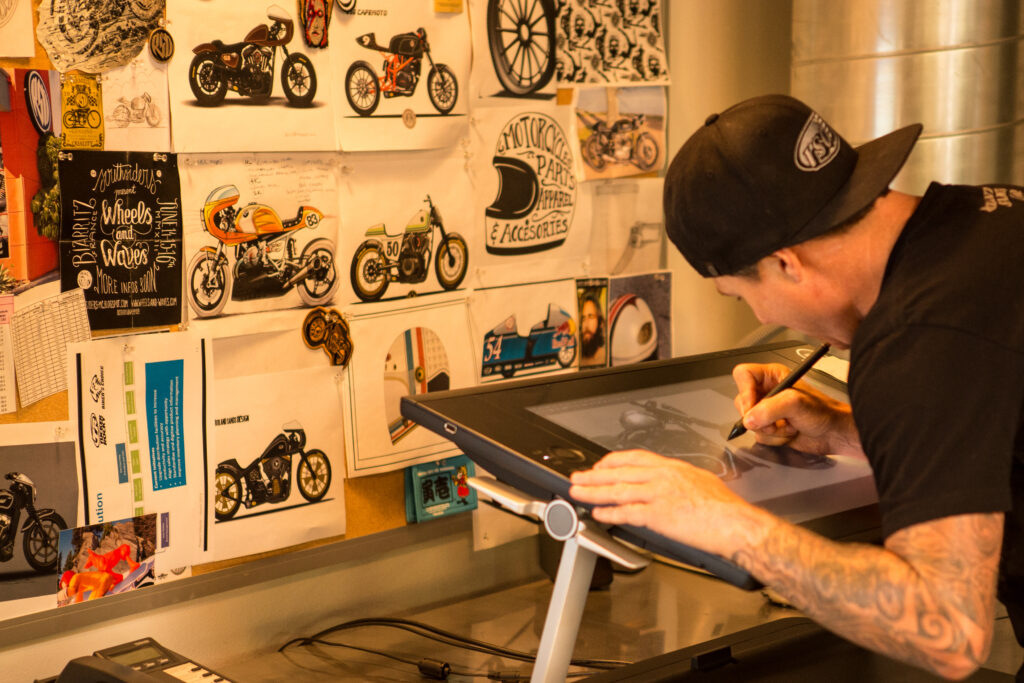 Roland Sands designs a new bike in his studio in Los Alamitos